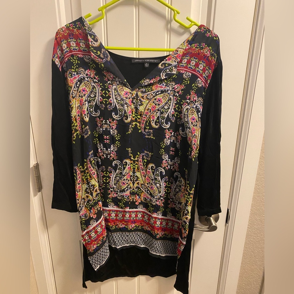Affinity For Knits L Blouse Stretch Floral Paisley Top Large Lg Shirt 3/4 Slvs